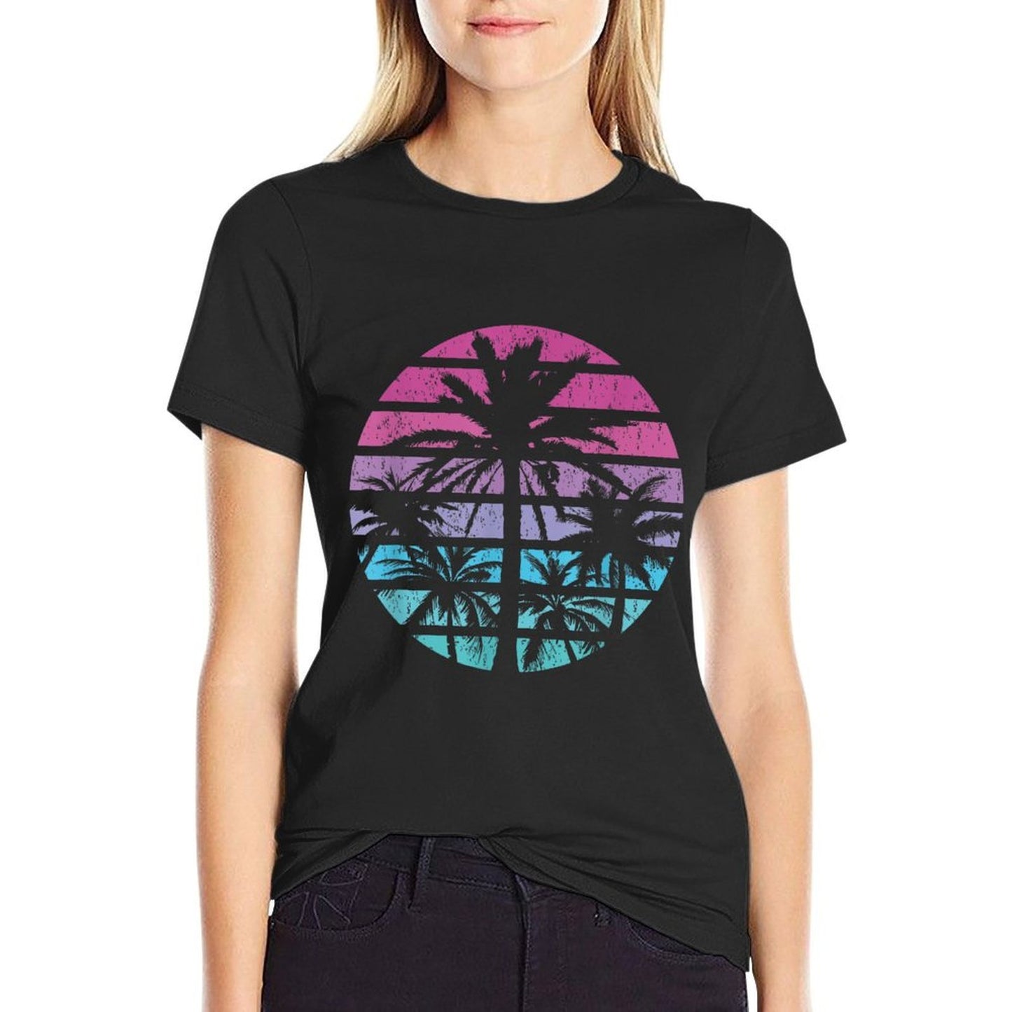 Palm Tree Retro Sunset Summer Beach Vintage Tropical Graphic  Durable T-Shirt