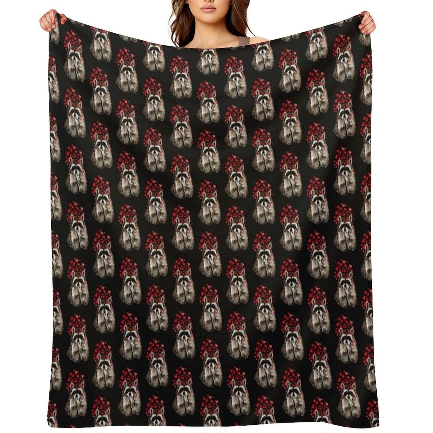 Cute Watercolor Raccoon Blowing Kisses & Hearts Sustainable Throw Blanket