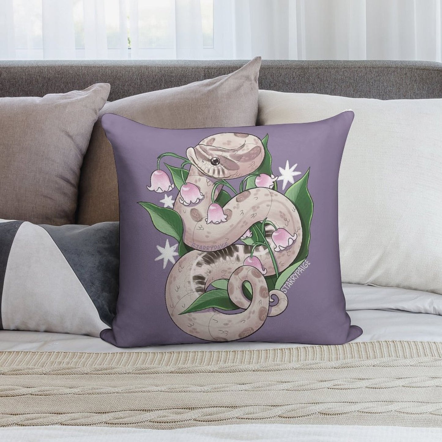 Lavender Hognose Snake with Lily of The Valley Soft Hidden Zipper Throw Pillow