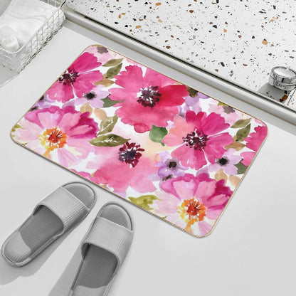 Watercolor Flowers Pink Fuchsia  Fade-Resistant Bath Mat