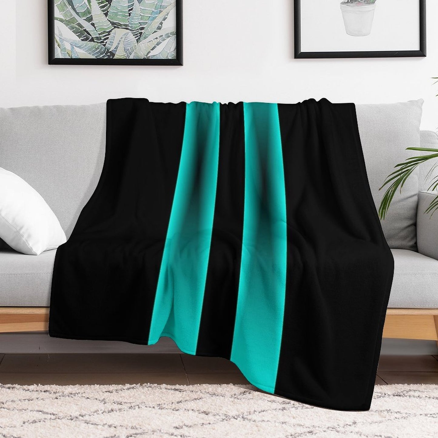 Cyan to Black Fade Stripes with Black Background Durable Throw Blanket
