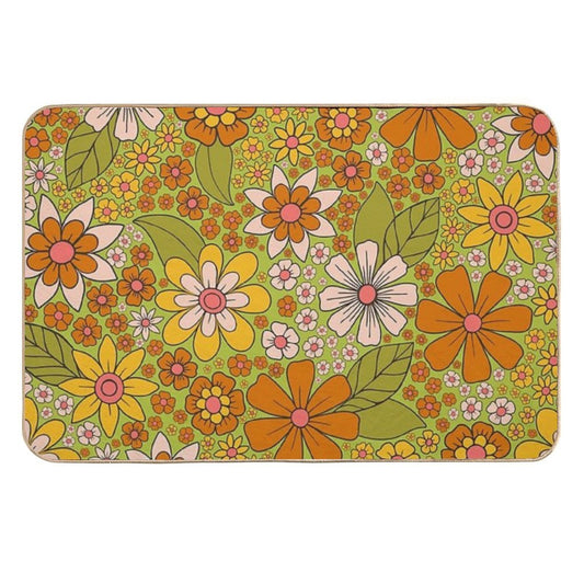 1960s, 1970s Retro Floral in Green, Pink & Orange - Flower Power  High-Traffic Bath Mat