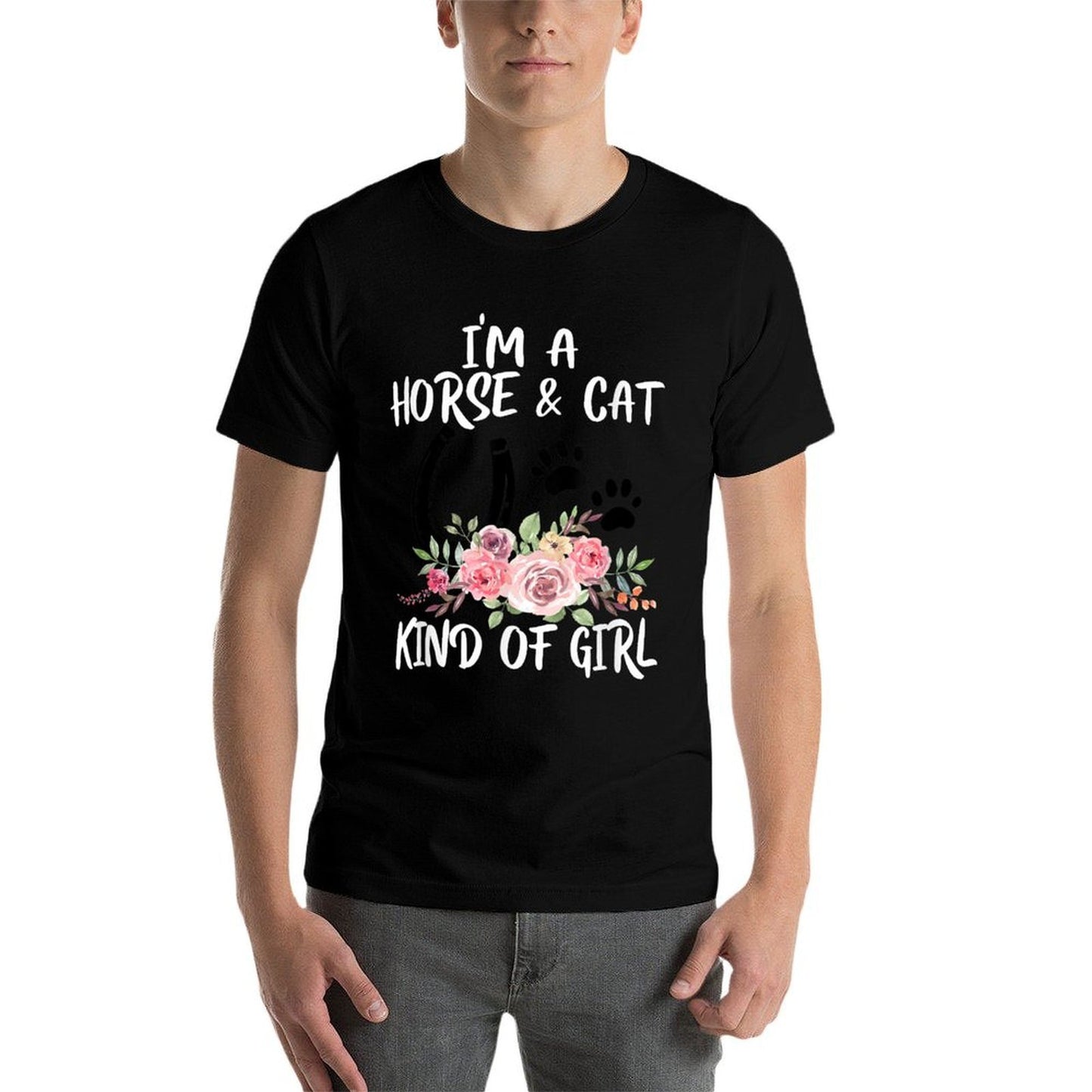 I Am Horse & Cat Kind Of Girl Horseshoe Paws  Graphic-printed T-Shirt