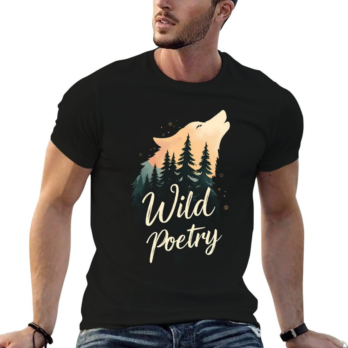 Wild Poetry Wolf - Forest Wolf Graphic for Nature Lovers  Ribbed Collar T-Shirt