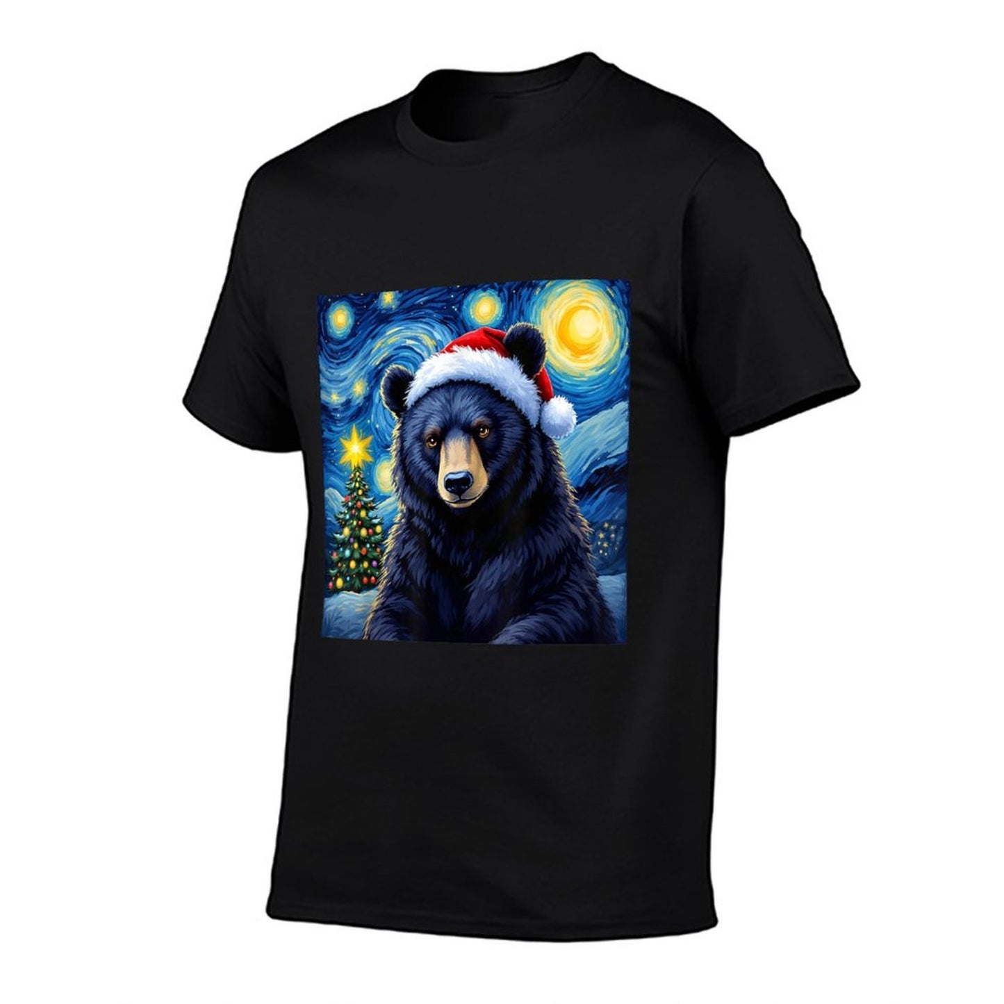 Christmas Black Bear Santa Hat Van Gogh Starry Night Holiday  Rolled Sleeves T-Shirt