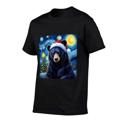 Christmas Black Bear Santa Hat Van Gogh Starry Night Holiday  Rolled Sleeves T-Shirt