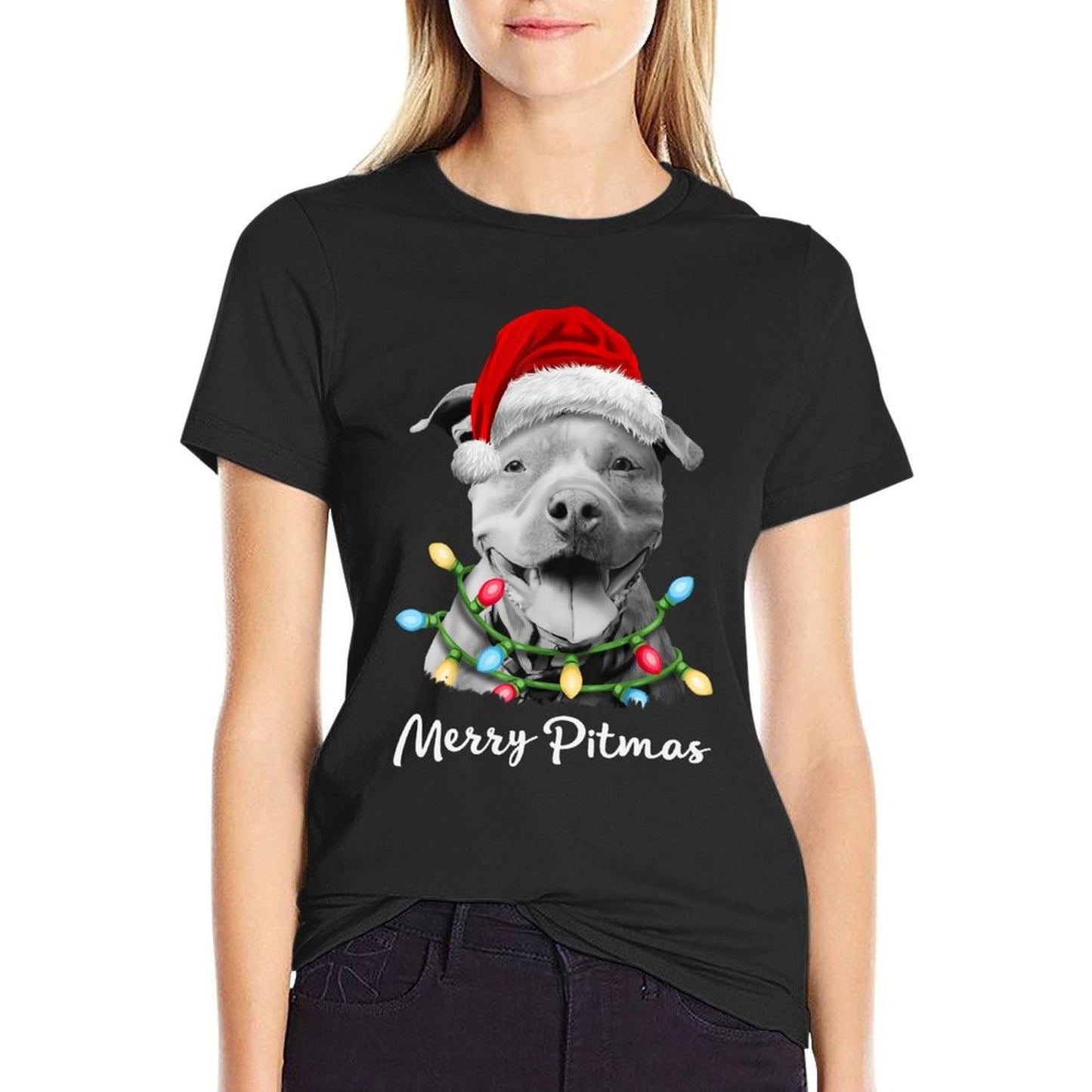 Pit Bull Santa Christmas Tree Lights Xmas Merry Pitmas  Classic T-Shirt