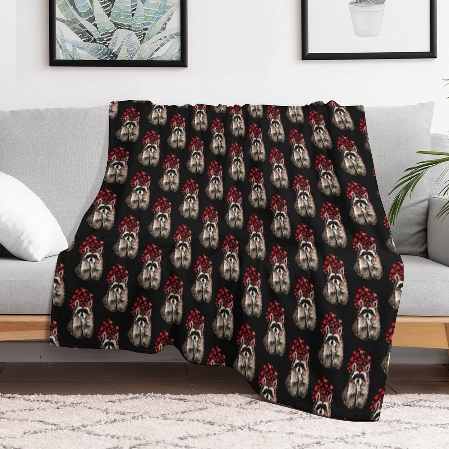 Cute Watercolor Raccoon Blowing Kisses & Hearts Sustainable Throw Blanket