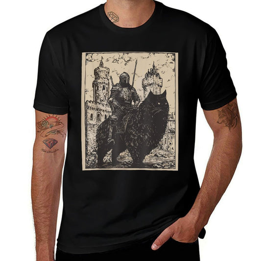 Knight Cat Rider Vintage 90s Medieval Knight Riding Cat  Trendy Pattern T-Shirt