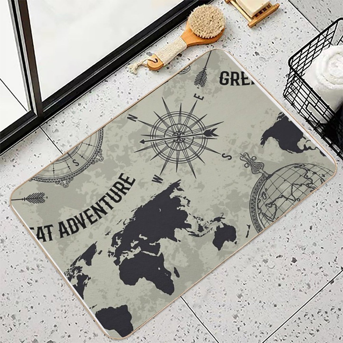 Seamless Pattern with Vintage Globe, Compass, World Map And Wind Rose. Retro Hand Drawn Vector Illustration Great Adventure in  Eco-Friendly Bath Mat