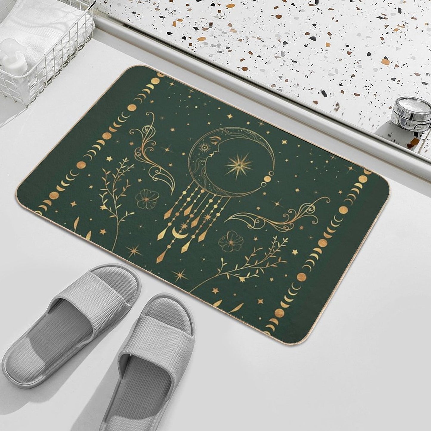 Sage Green And Gold Celestial Crescent Moon with Floral Accents And Moon Phase Tie Dye  Slip-Resistant Bath Mat