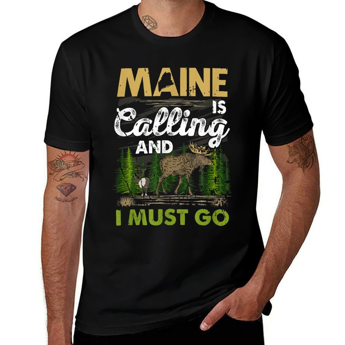 Maine Is Calling And I Must Go Funny Vacation Moose Forest  Polyester Blend T-Shirt