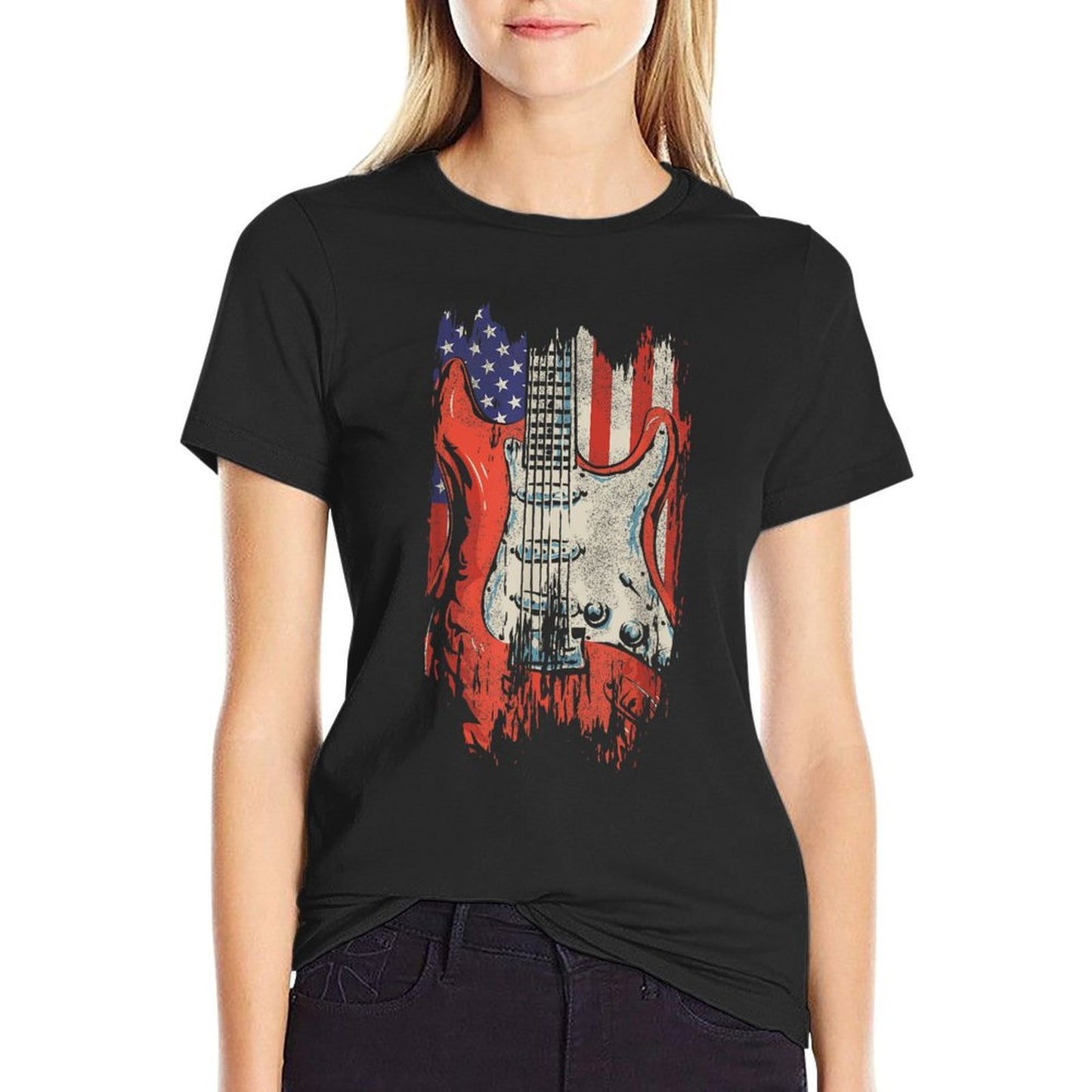 American Guitar 4th of July Guitarist USA Country Music Women Kids Men  Oversized Silhouette T-Shirt