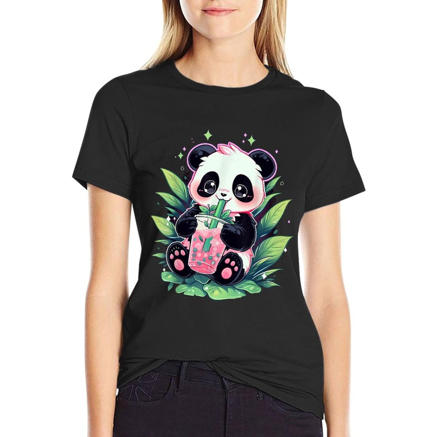 Cute Panda Drinking Bubble Tea Milk Anime Kawaii  Polyester Blend T-Shirt