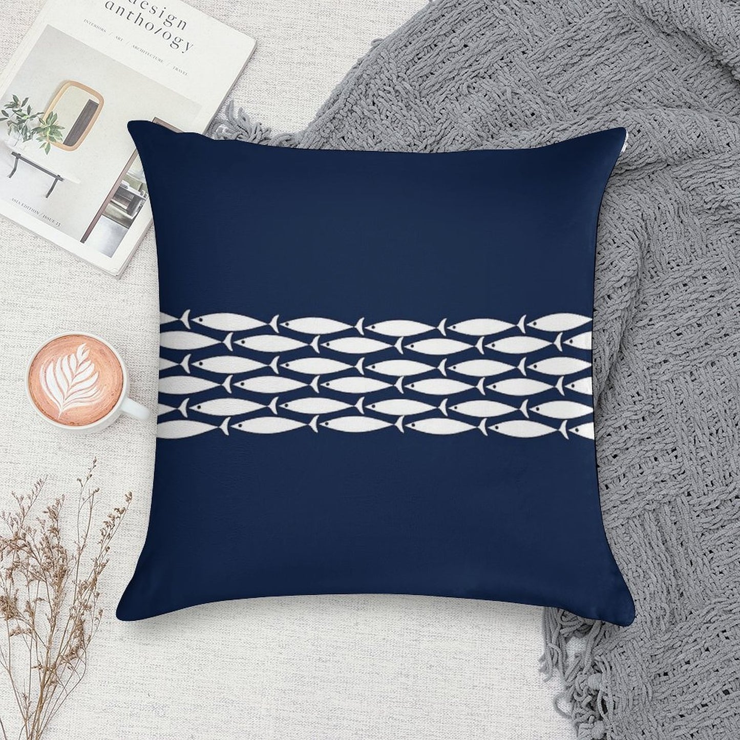 Fish Stripe 6 - Minimalist Midcentury Modern Fish in White And Nautical Navy Blue Soft Skin-Friendly Throw Pillow
