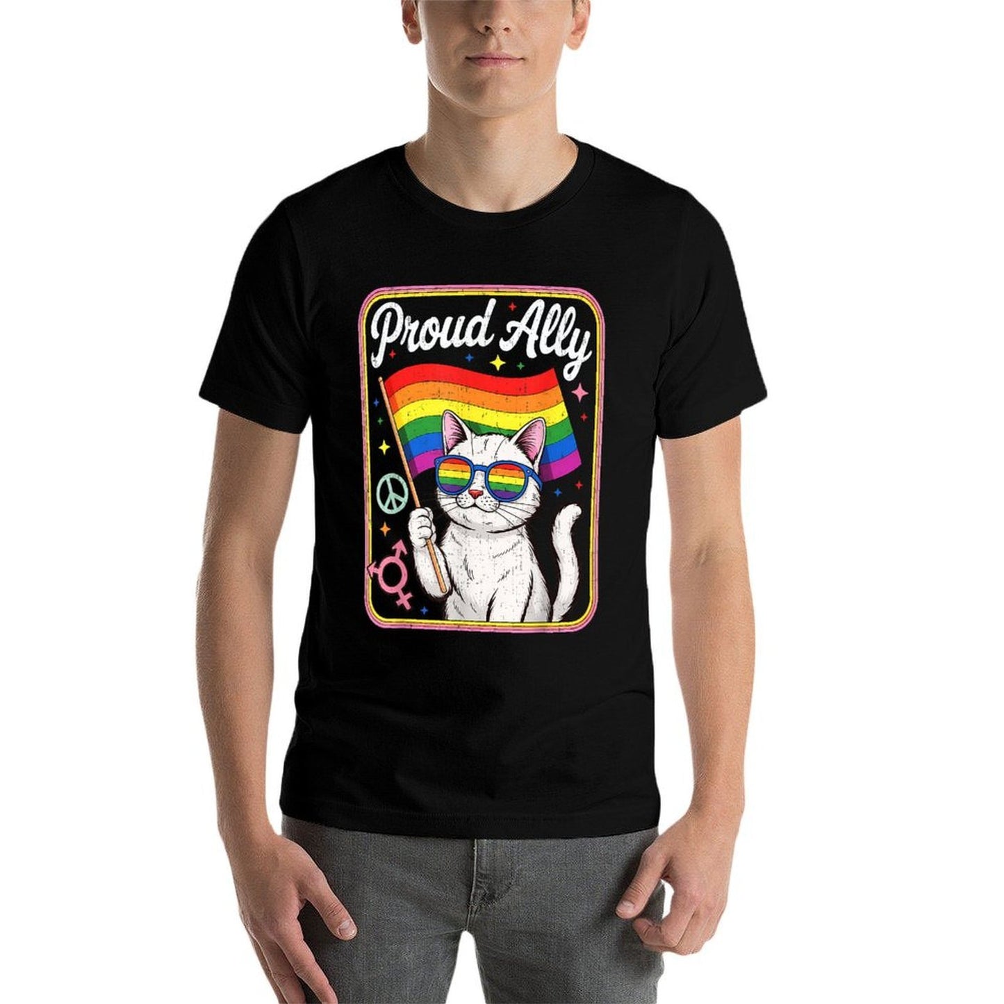 Funny Proud Ally Cat Wearing Rainbow Glasses Men Women  Oversized Silhouette T-Shirt