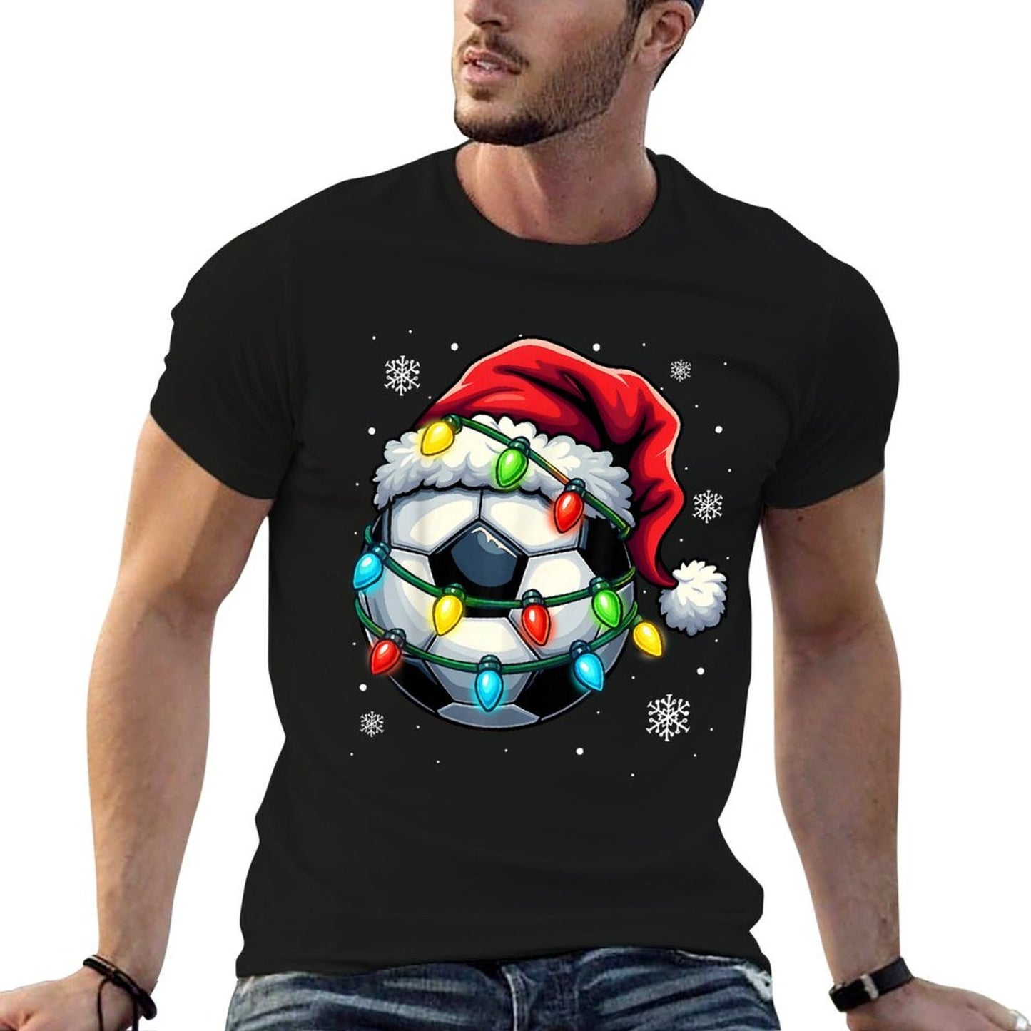 Christmas Soccer Ball Santa Hat Xmas Lights Funny Men Boys  Eco-friendly Material T-Shirt