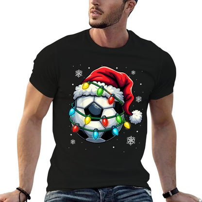 Christmas Soccer Ball Santa Hat Xmas Lights Funny Men Boys  Eco-friendly Material T-Shirt