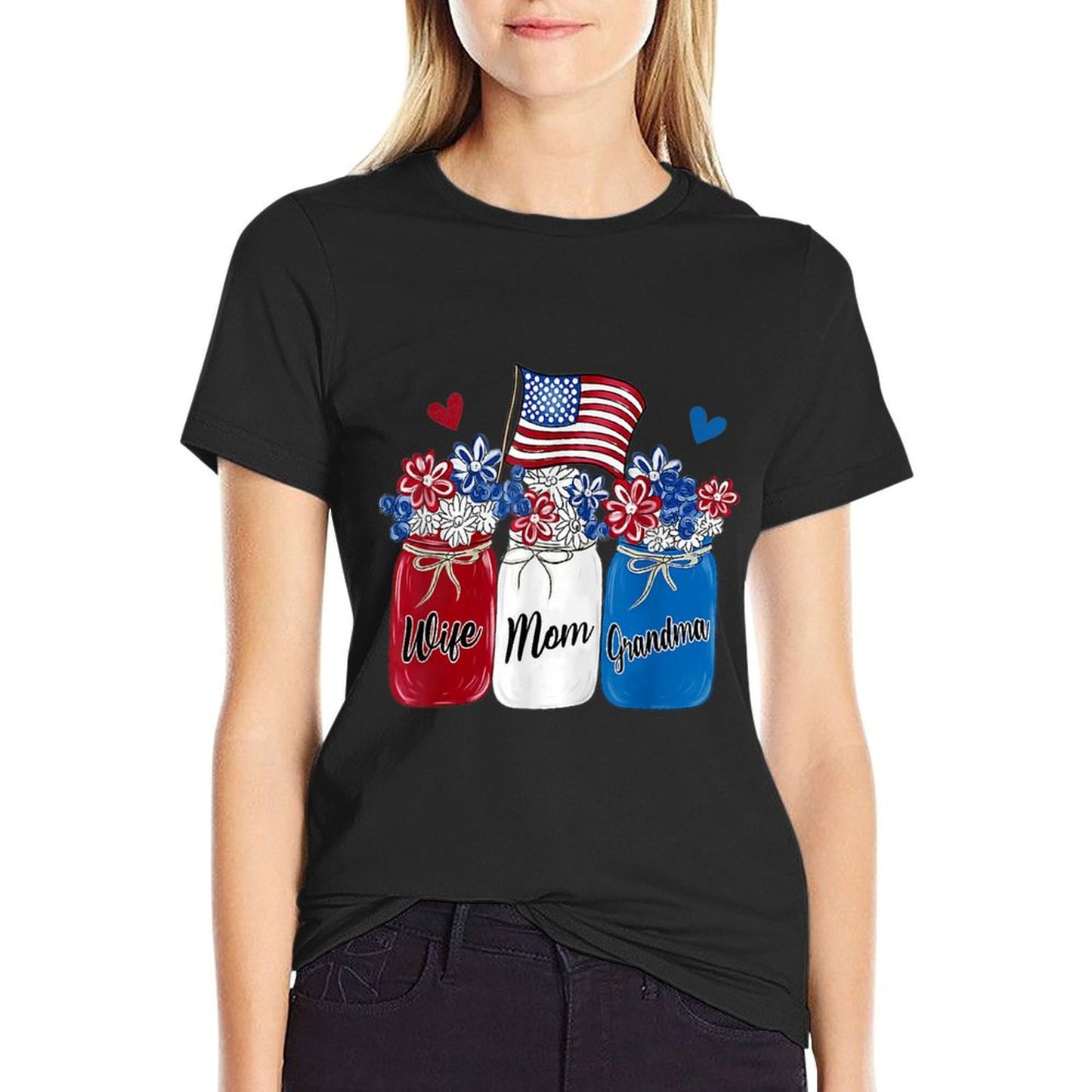 Womens Wife Mom Grandma Sunflower American 4th of July  Fade-proof Color T-Shirt