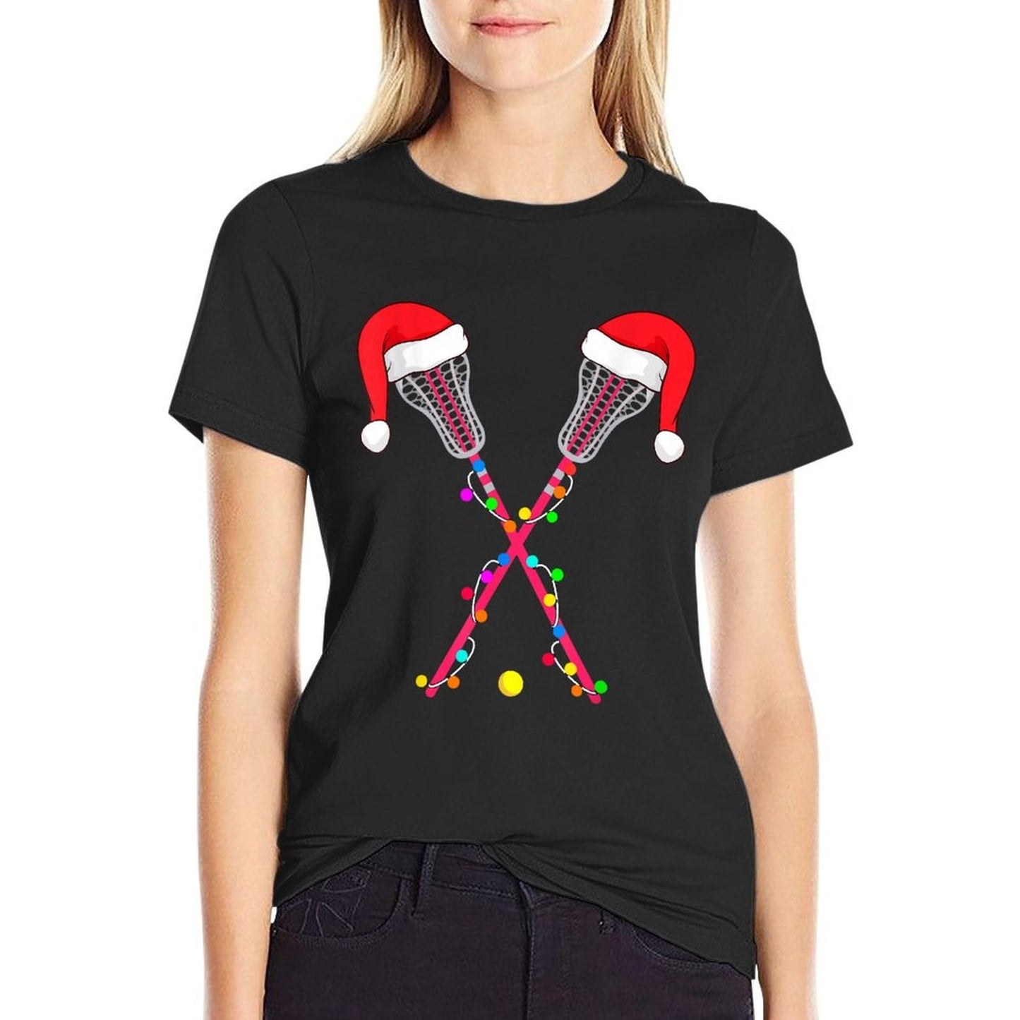 Lacrosse Santa Hat Christmas Lights Funny Sport Xmas Boys  Oversized Silhouette T-Shirt