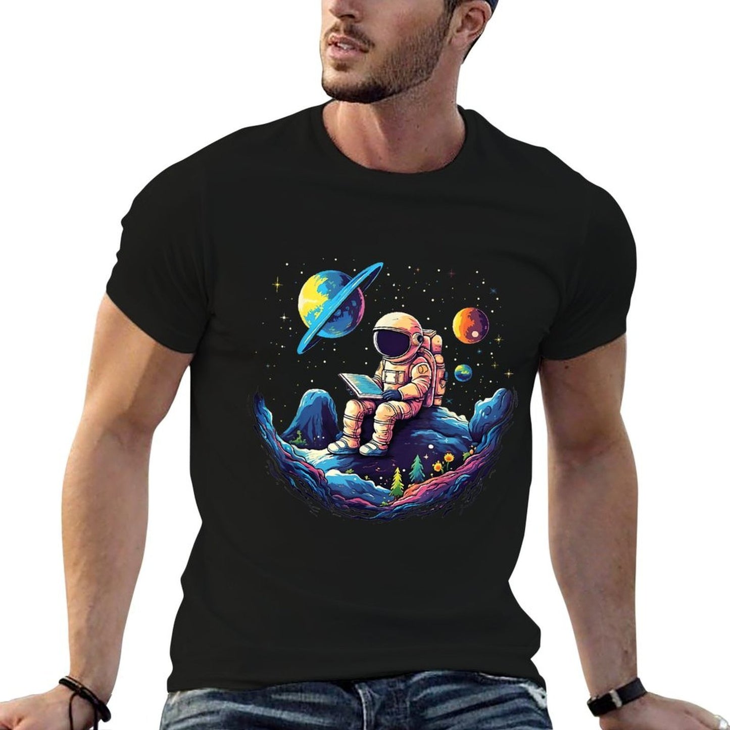 Astronaut Reading Book In Space Funny Books Lover Bookworm  High-quality Stitching T-Shirt