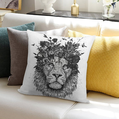 Floral Lion (bw) Soft Bedroom Essential Throw Pillow