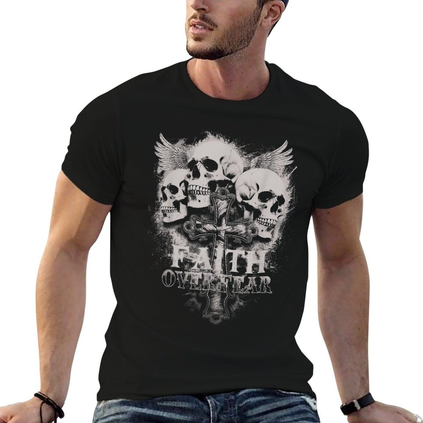 Faith Over Fear Emo Gothic Skull Men’s Christian  Slim-fit Cut T-Shirt