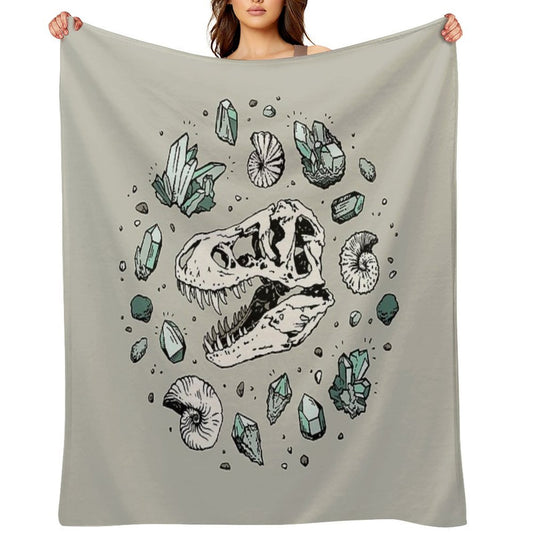 Geo-rex Vortex  Aquamarine  Dinosaur Skull Fossil Art Gift-ready Throw Blanket