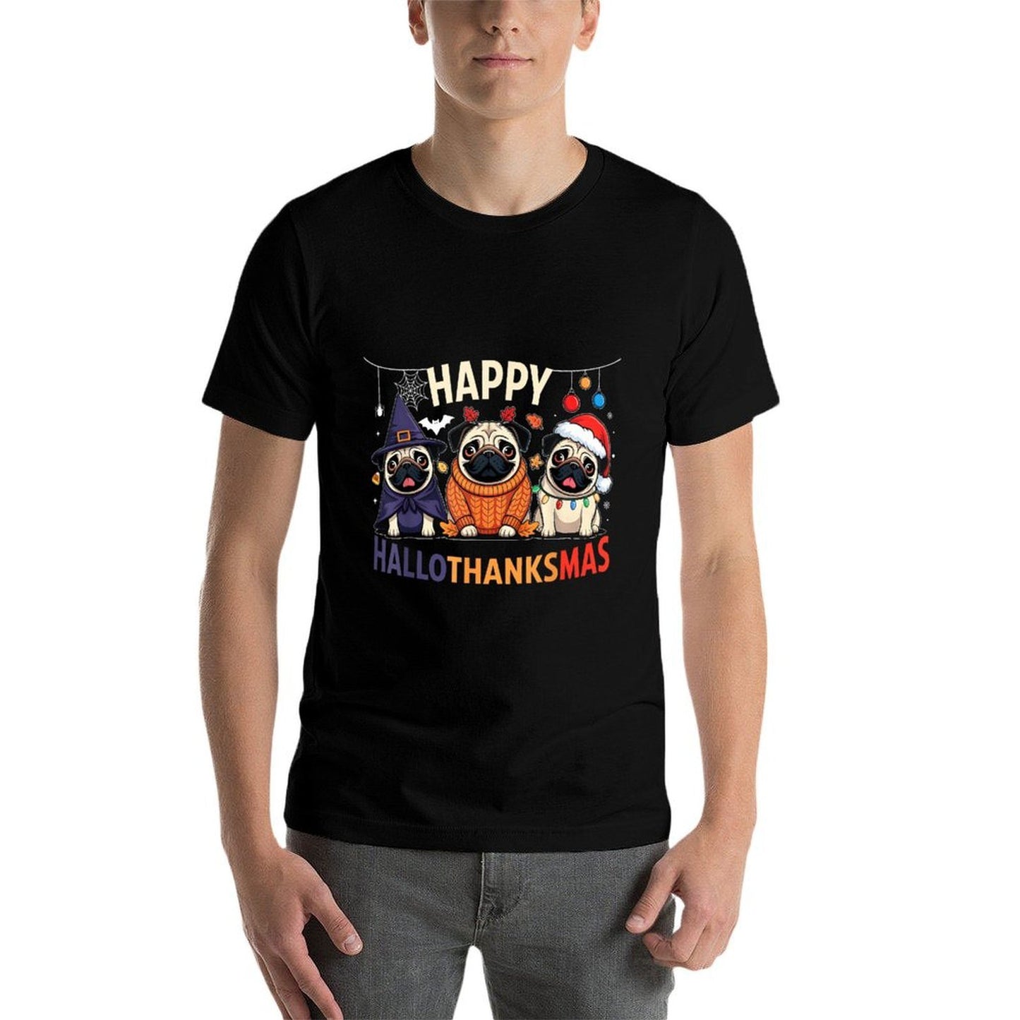Pug Halloween Thanksgiving Christmas Happy HalloThanksMas  Breathable T-Shirt