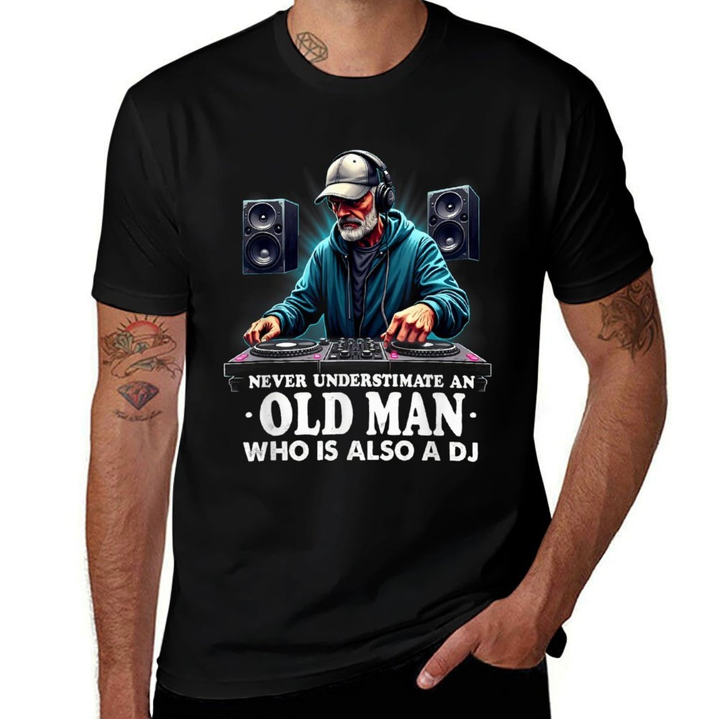 Never Underestimate An Old Man DJ Dad Grandpa  Cotton T-Shirt