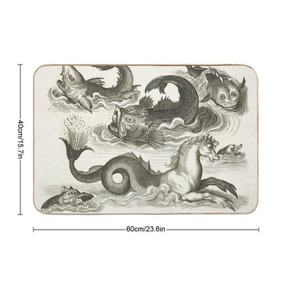 MEDIEVAL BESTIARY,Black White Fantastic Aquatic Animals And Sea Horse of Neptune  Easy Maintenance Bath Mat