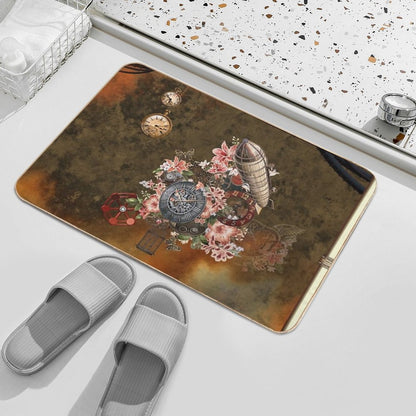 Steampunk Design with Clocks, Gears And Flowers  Odorless Bath Mat