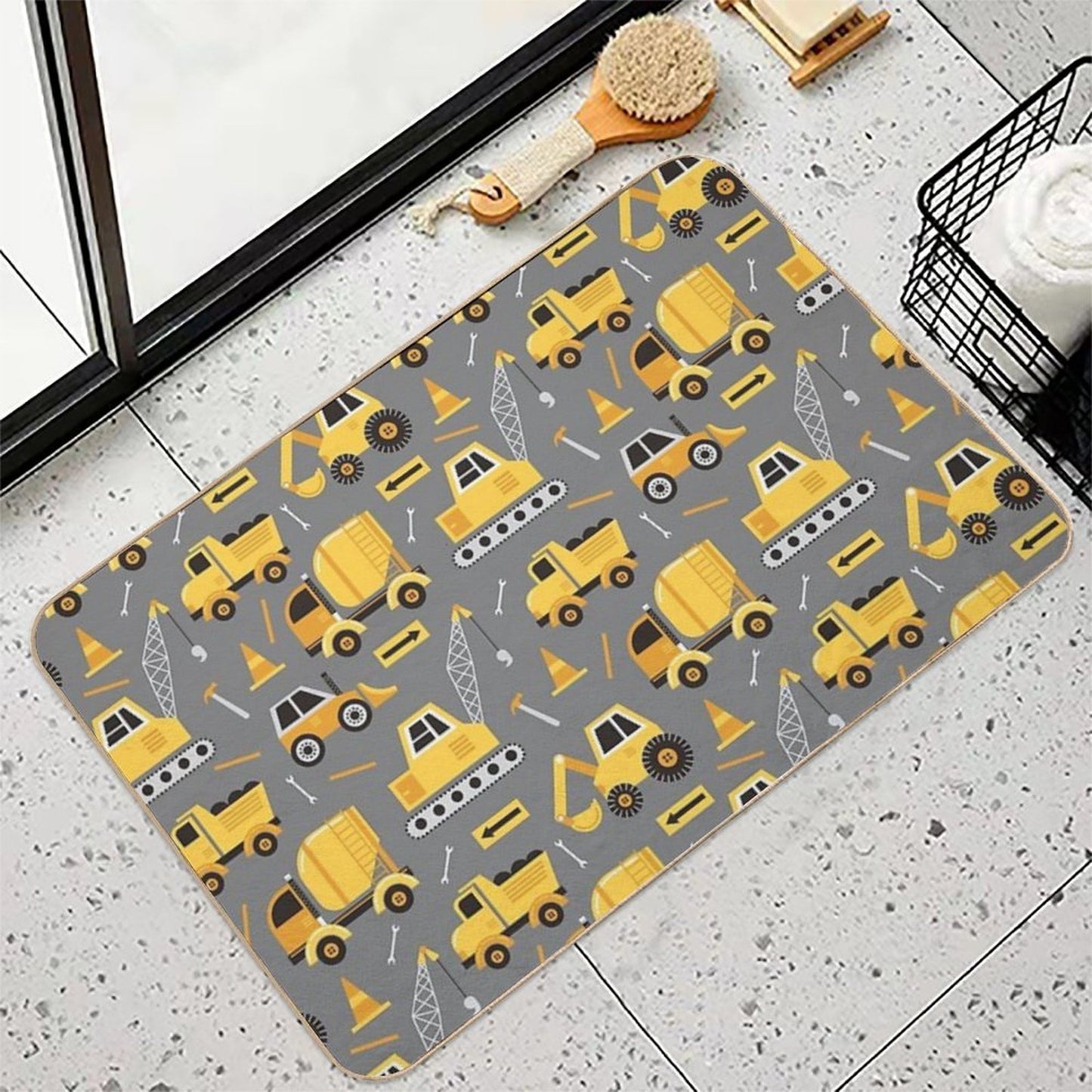 Construction Trucks on Gray  Repositionable Bath Mat