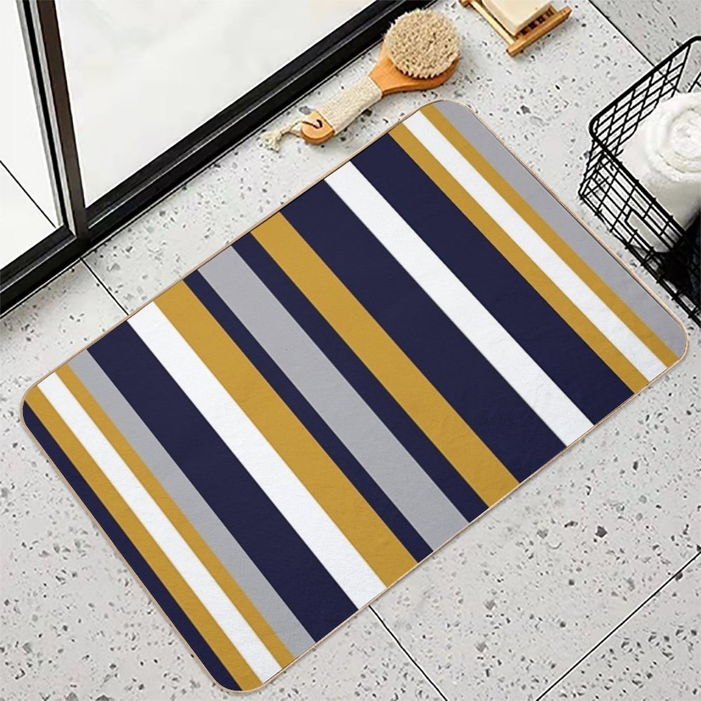 Modern Stripes Vertical Pattern in Honey Mustard Yellow, Dark Navy Blue, Gray, And White. Minimalist Color Block  Pet-Safe Bath Mat