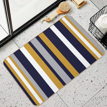 Modern Stripes Vertical Pattern in Honey Mustard Yellow, Dark Navy Blue, Gray, And White. Minimalist Color Block  Pet-Safe Bath Mat
