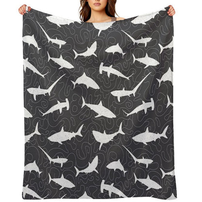 Shark Frenzy Pattern on Charcoal Grey Easy Care Throw Blanket