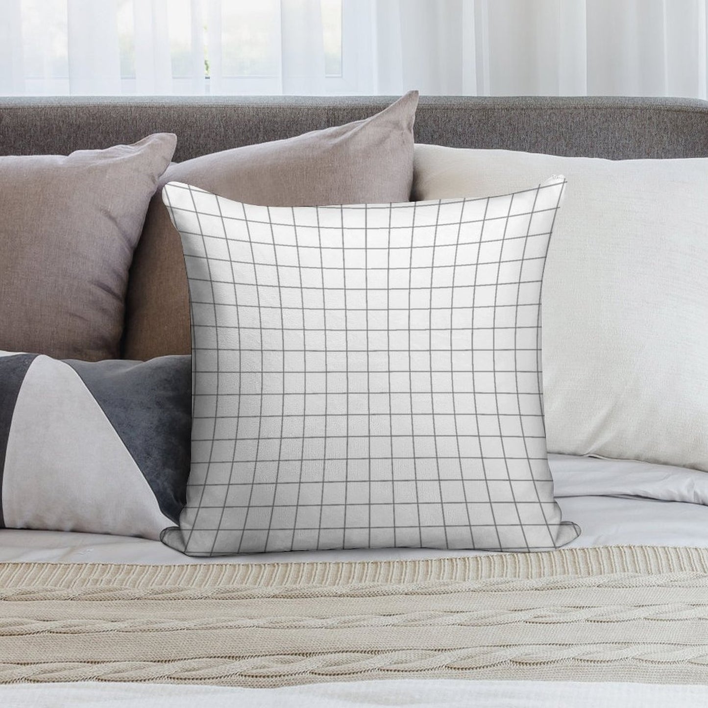 Grid White Gray Soft Decorative Cover Throw Pillow