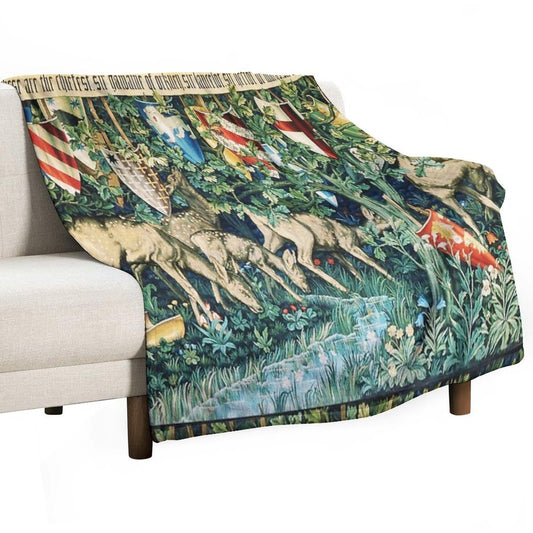 Holy Grail Tapestry,Verdure with Deers,and Shields in Green Floral Wrinkle-free Throw Blanket