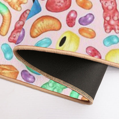 Rainbow Diet - A Colorful Assortment of Hand-drawn Candy on Pale Pink Durable Bath Mat