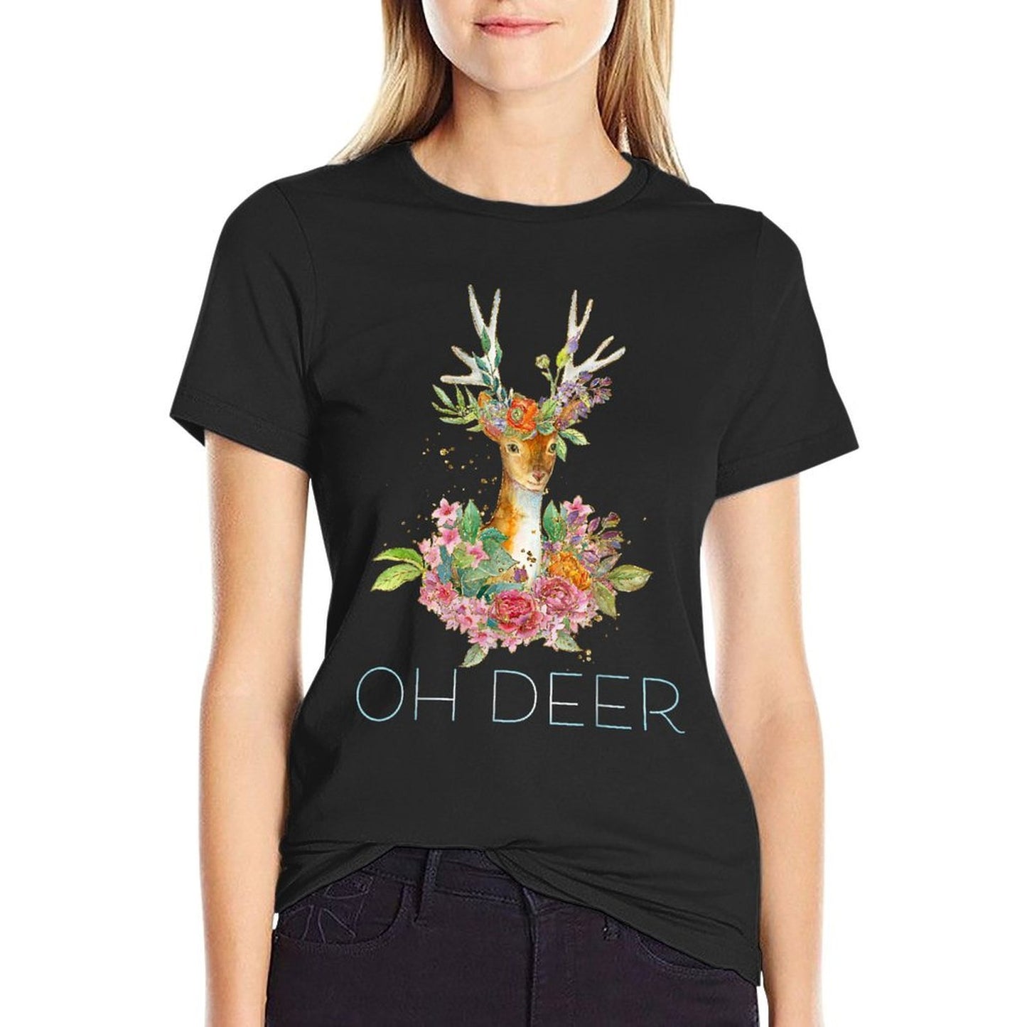 OH DEER - Cute Colorful Boho Floral Deer  Fade-proof Color T-Shirt