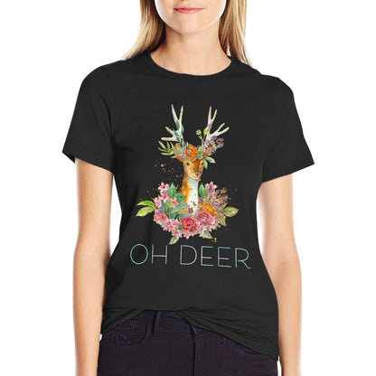 OH DEER - Cute Colorful Boho Floral Deer  Fade-proof Color T-Shirt