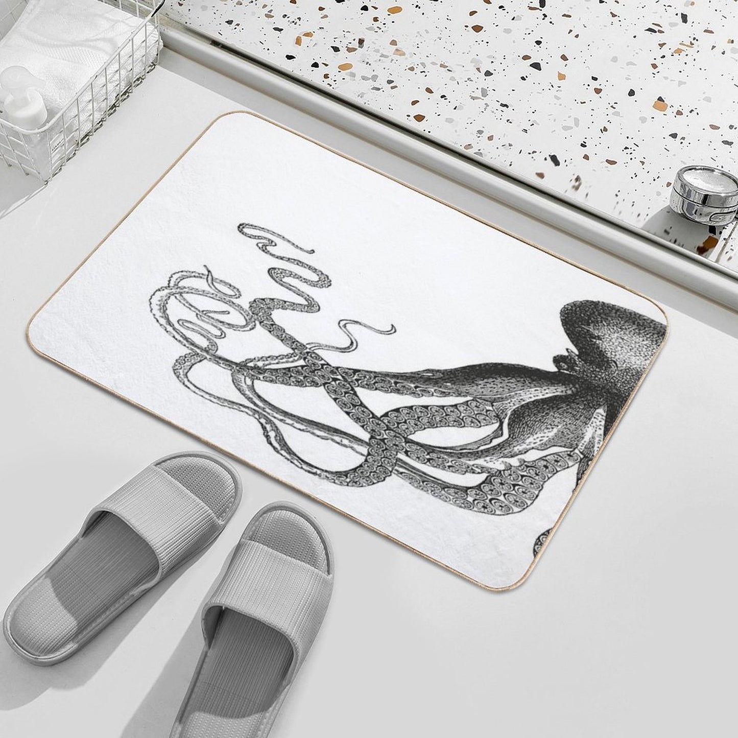Half Octopus  Left Side  Vintage Octopus  Tentacles  Sea Creatures  Nautical  Ocean  Sea  Beach  Diptych  Black And Wh  Non-Slip Bath Mat