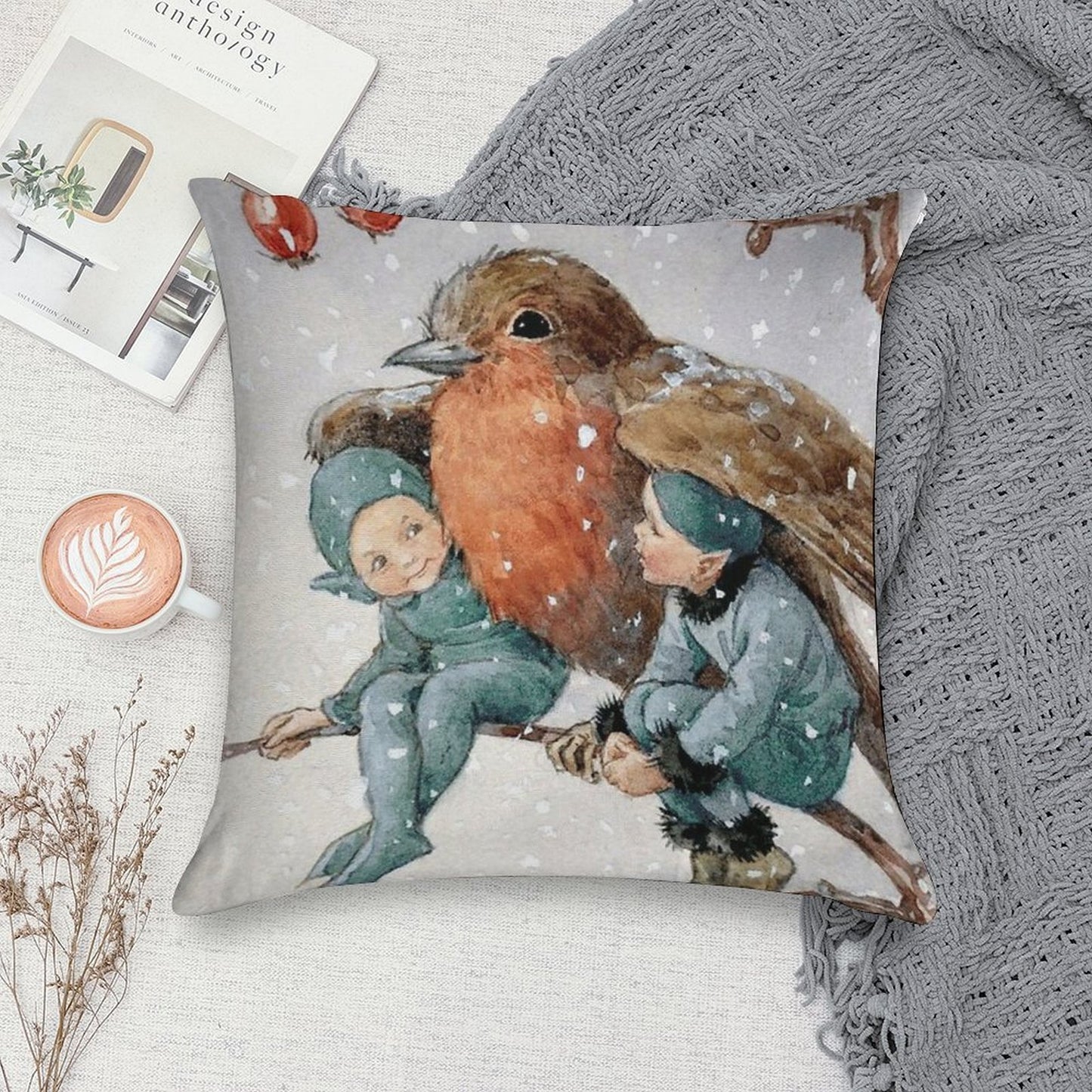 Christmas Elves Sheltering with A Robin - Margaret Tarrant Soft Luxury Feel Throw Pillow