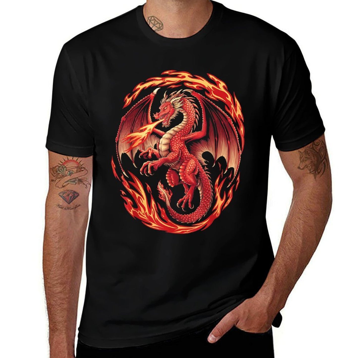 Mythical Red Dragon Breathes Fire On Clouds, Boy Girl Dragon  Relaxed-fit T-Shirt