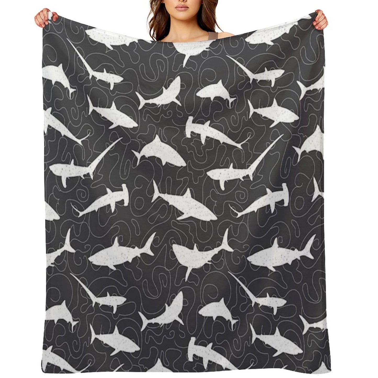 Shark Frenzy Pattern on Charcoal Grey Easy Care Throw Blanket