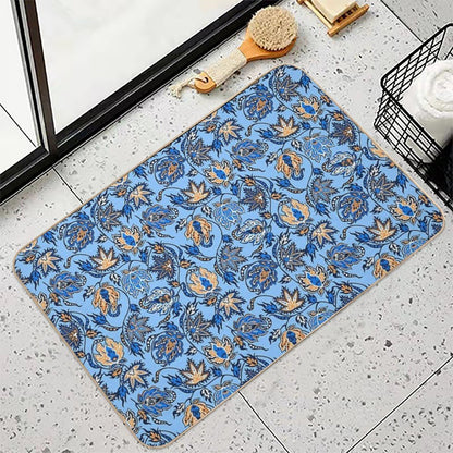 Protea Batik Hawaiian Tropical Floral - Sky Blue & Papaya  Absorbent Bath Mat