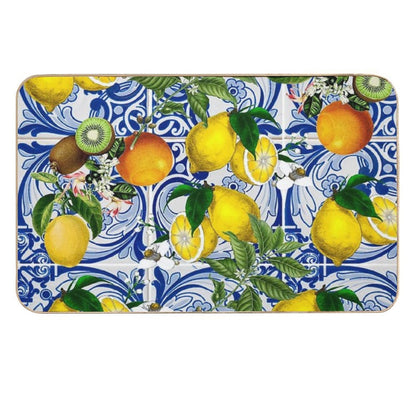 Mediterranean Lemon on Blue Ceramic Tiles  Absorbent Bath Mat