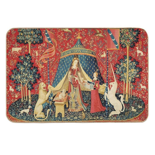 LADY AND THE UNICORN DESIRE ,Lion,Fantasy Flowers,Animals,Red Green Floral Tapestry  Eco-Friendly Bath Mat
