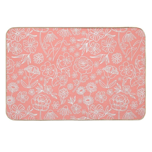 Floral Geometric Outlines on Coral  Dirt-Trapping Bath Mat