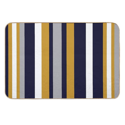 Modern Stripes Vertical Pattern in Honey Mustard Yellow, Dark Navy Blue, Gray, And White. Minimalist Color Block  Pet-Safe Bath Mat